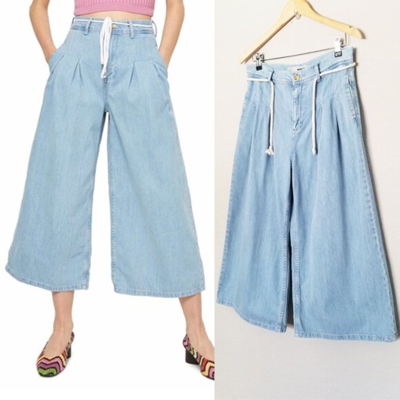 Topshop Moto Pleated Front Tie Crop Wide-leg Pants Jean Size 30 x 30 Culottes - Picture 3 of 15